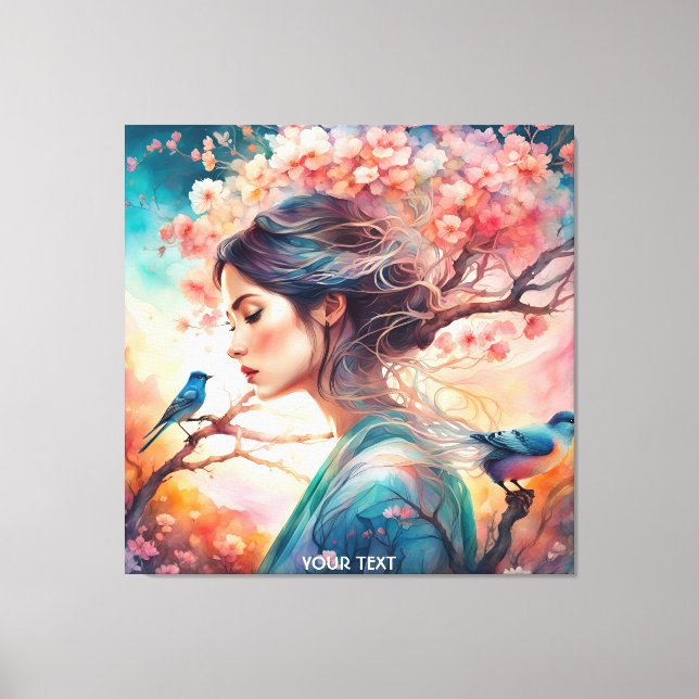 Fantasy Niedlich Vivid Girl Blossom Vögel Leinwanddruck (Vorderseite)