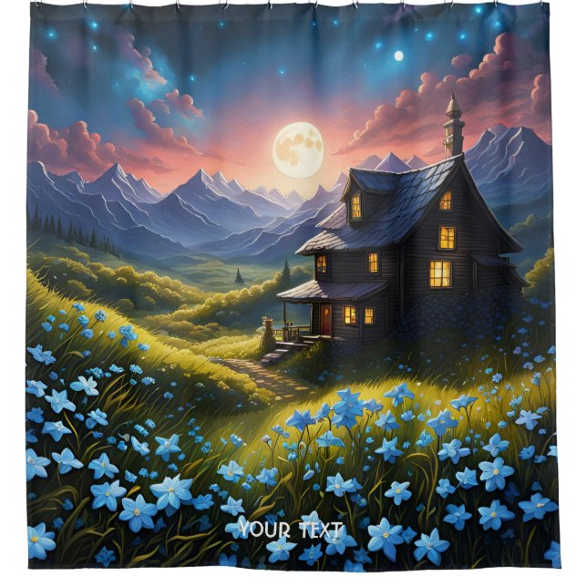 Fantasy Niedlich Vivid House Night Moon Duschvorhang (Vorderseite)