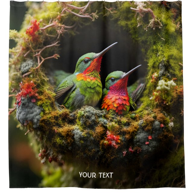Fantasy Niedlich Vivid Hummingbird Nest Moss Duschvorhang (Vorderseite)