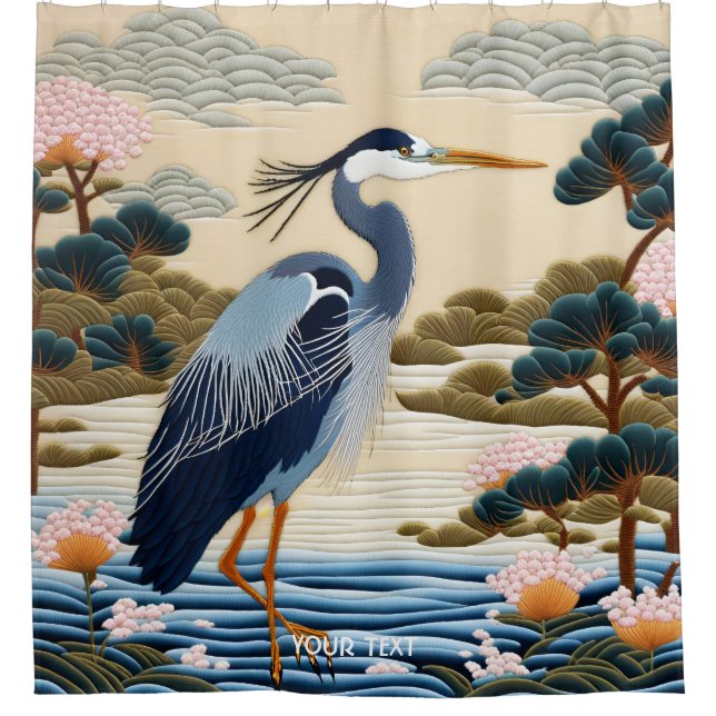 Fantasy Niedlich Vivid Japanischer Heron Blue Duschvorhang (Vorderseite)