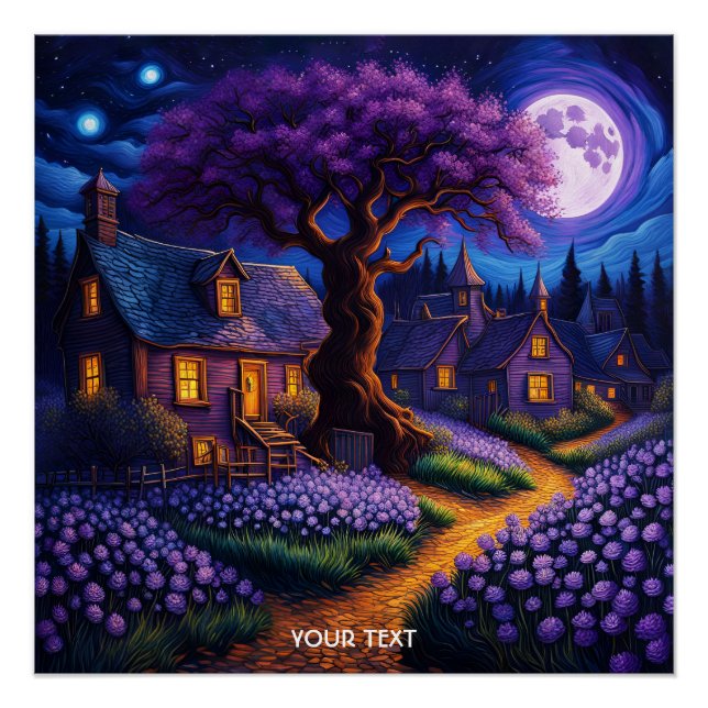 Fantasy Niedlich Vivid Lila Village Moon Poster (Vorderseite)