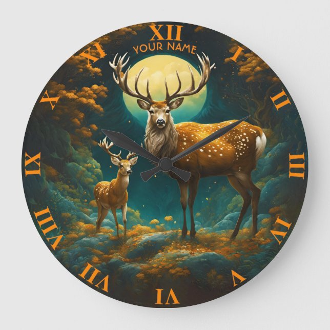 Fantasy Niedlich Vivid Majestic Deer Forest Große Wanduhr (Vorderseite)