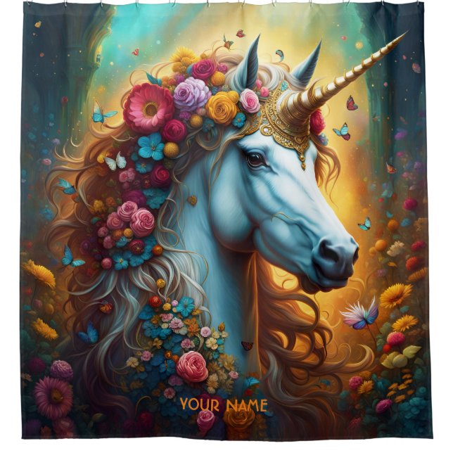 Fantasy Niedlich Vivid Majestic Einicorn Blume Duschvorhang (Vorderseite)