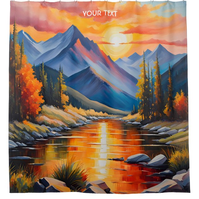 Fantasy Niedlich Vivid Mountains Gouache Style Duschvorhang (Vorderseite)