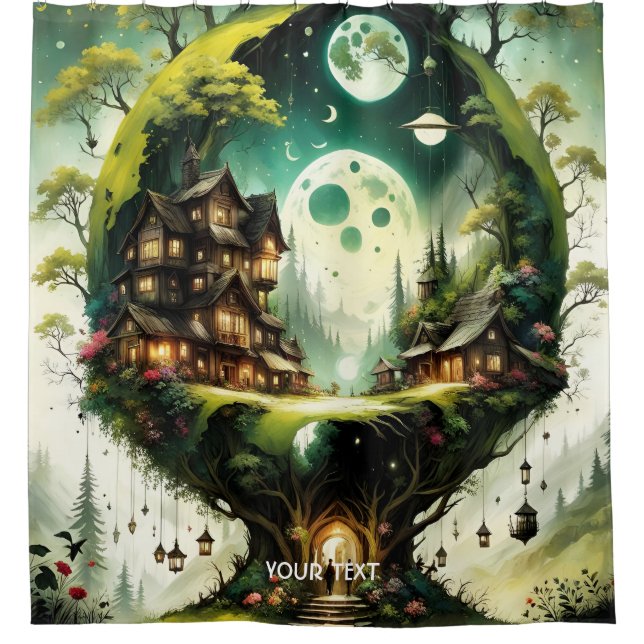 Fantasy Niedlich Vivid Tree House Moon Duschvorhang (Vorderseite)
