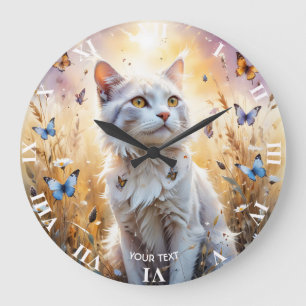 Fantasy Niedlich Weiße Katzen Schmetterlinge Große Wanduhr