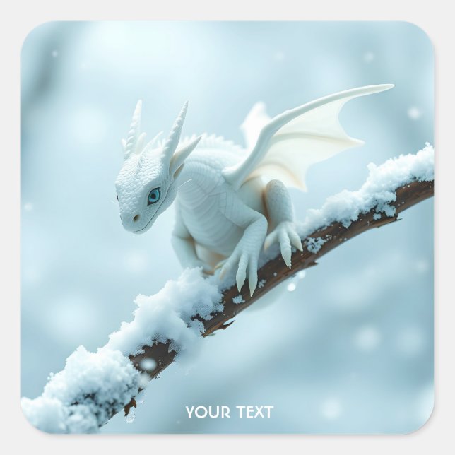 Fantasy Niedlich White Baby Dragon Quadratischer Aufkleber (Vorderseite)