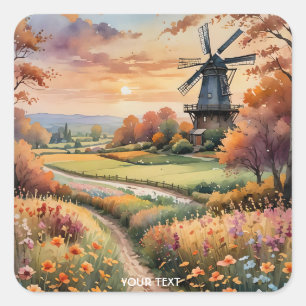 Fantasy Niedlich Windmill Blume Field Quadratischer Aufkleber