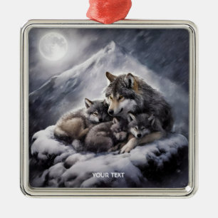 Fantasy Niedlich Wolf Family Winter Ornament Aus Metall
