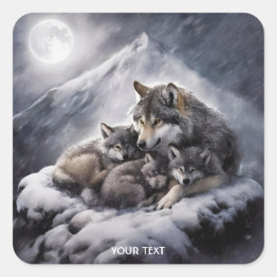 Fantasy Niedlich Wolf Family Winter Quadratischer Aufkleber