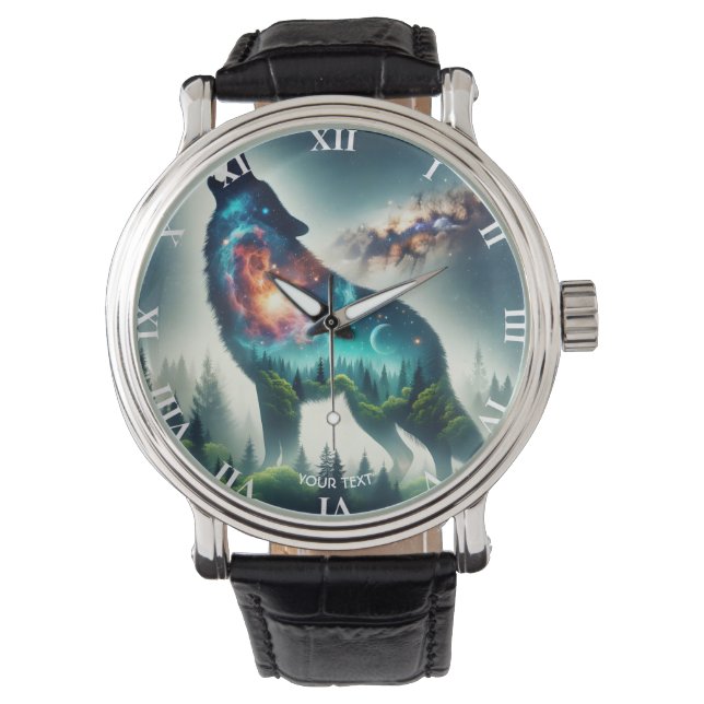 Fantasy Niedlich Wolf Forest Space Armbanduhr (Vorderseite)