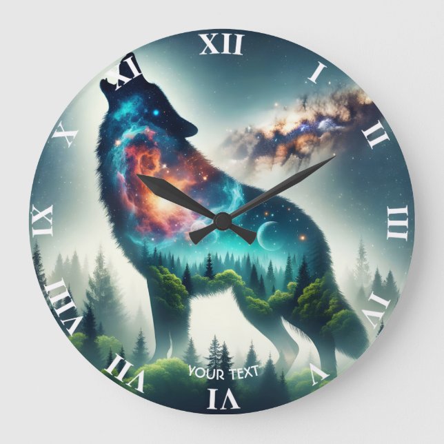 Fantasy Niedlich Wolf Forest Space Große Wanduhr (Vorderseite)