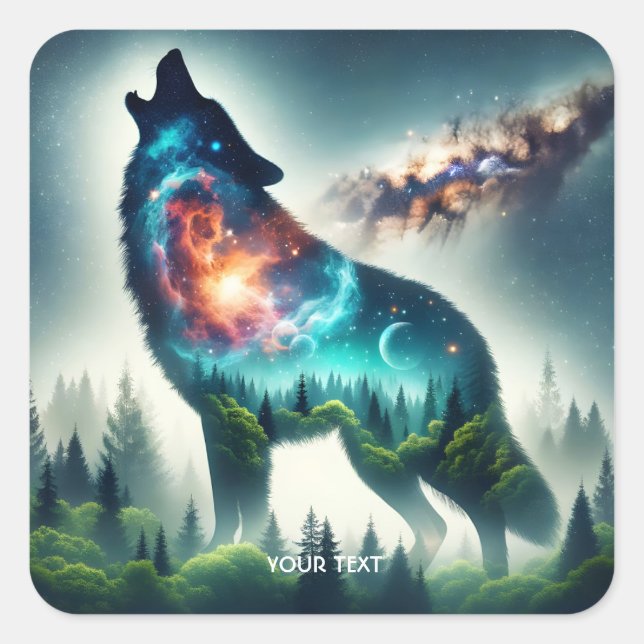 Fantasy Niedlich Wolf Forest Space Quadratischer Aufkleber (Vorderseite)