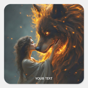 Fantasy Niedlich Wolf Girl Fire Quadratischer Aufkleber