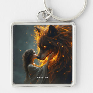 Fantasy Niedlich Wolf Girl Fire Schlüsselanhänger