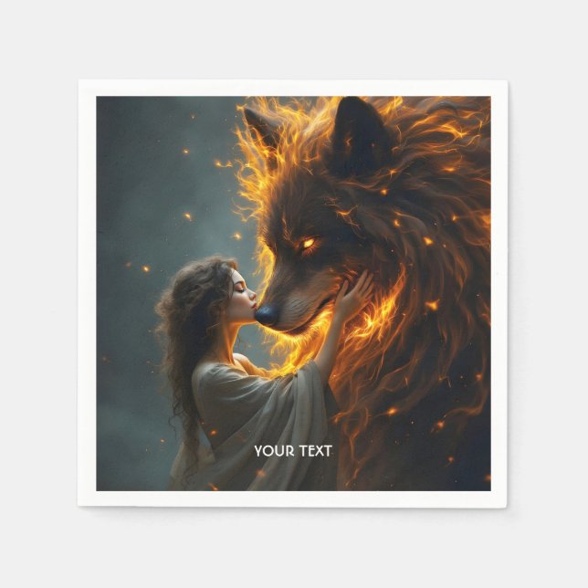 Fantasy Niedlich Wolf Girl Fire Serviette (Vorderseite)