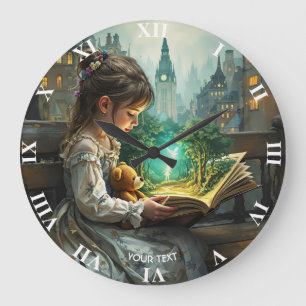 Fantasy Niedlich Young Girl Reading Große Wanduhr