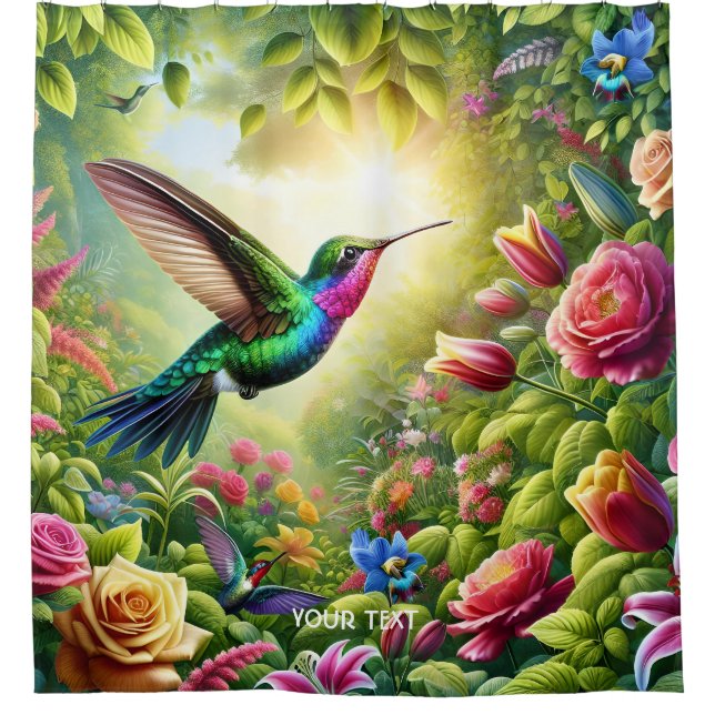 Fantasy Niedliche Blume Rainbow Hummingbird Duschvorhang (Vorderseite)