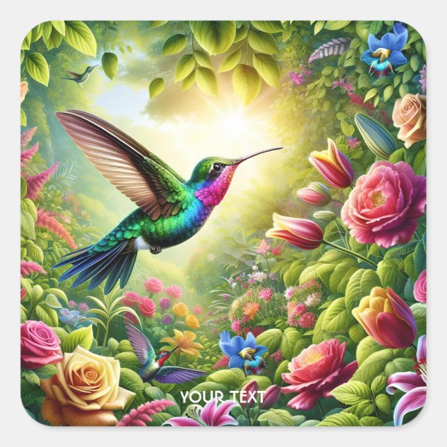 Fantasy Niedliche Blume Rainbow Hummingbird Quadratischer Aufkleber (Vorderseite)