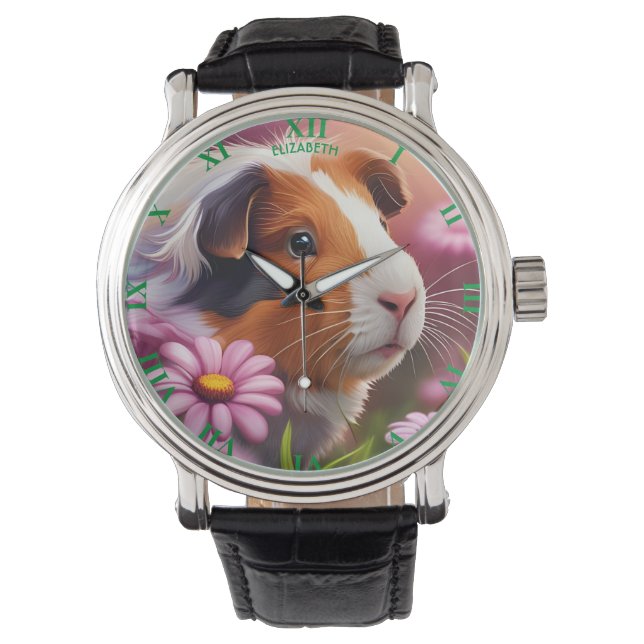 Fantasy Niedliche Guinea Schweinefleisch Blume Armbanduhr (Vorderseite)