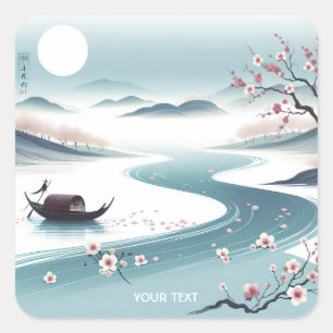 Fantasy Niedliche japanische Flussansicht Quadratischer Aufkleber