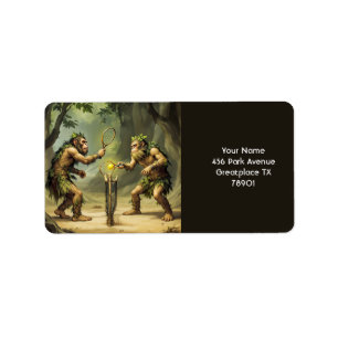 Fantasy Niedliche Neandertaler spielen Tennis Adressaufkleber