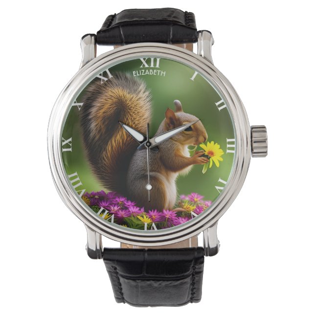 Fantasy-Niedliches Eichhörnchen mit Blume Armbanduhr (Vorderseite)