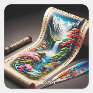 Fantasy Niedliches japanisches Parchment Landschaf Quadratischer Aufkleber