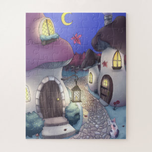 Fantasy Nighttime Mushroom Village Illustration