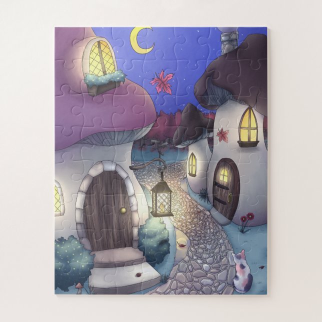 Fantasy Nighttime Mushroom Village Illustration (Vertikal)