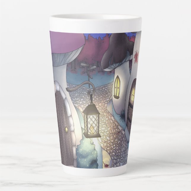 Fantasy Nighttime Mushroom Village Illustration Milchtasse (Vorderseite)