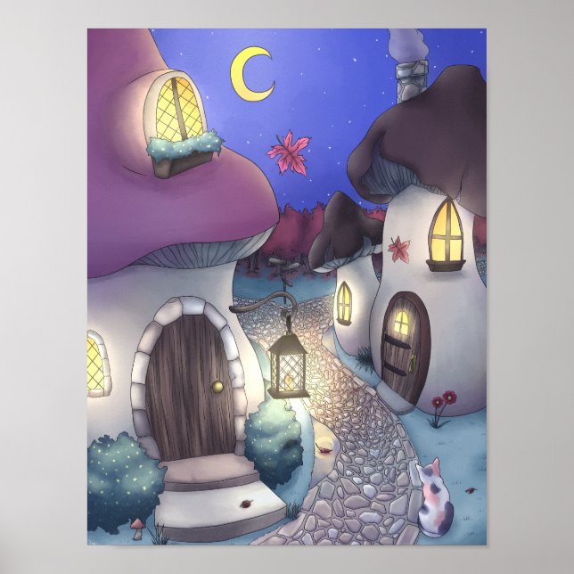Fantasy Nighttime Mushroom Village Illustration Poster (Vorne)