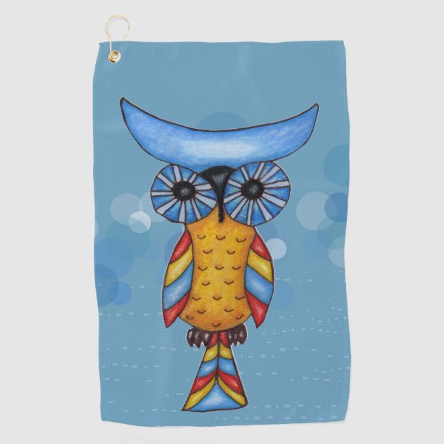 Fantasy Owl Big Round eyes Blue Head on Circles Golfhandtuch (Vorderseite)