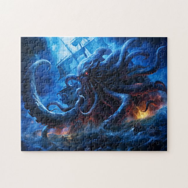 Fantasy Painting Kraken Attacking Ship at Sea (Horizontal)