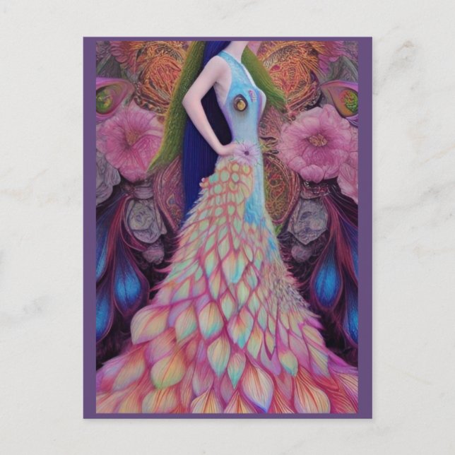 Fantasy Peacock Wedding Dress Fairytale Bridge Pos Postkarte (Vorderseite)