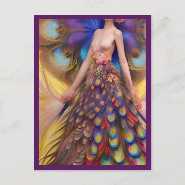 Fantasy Peacock Wedding Dress Fairytale Woodland Postkarte (Vorderseite)