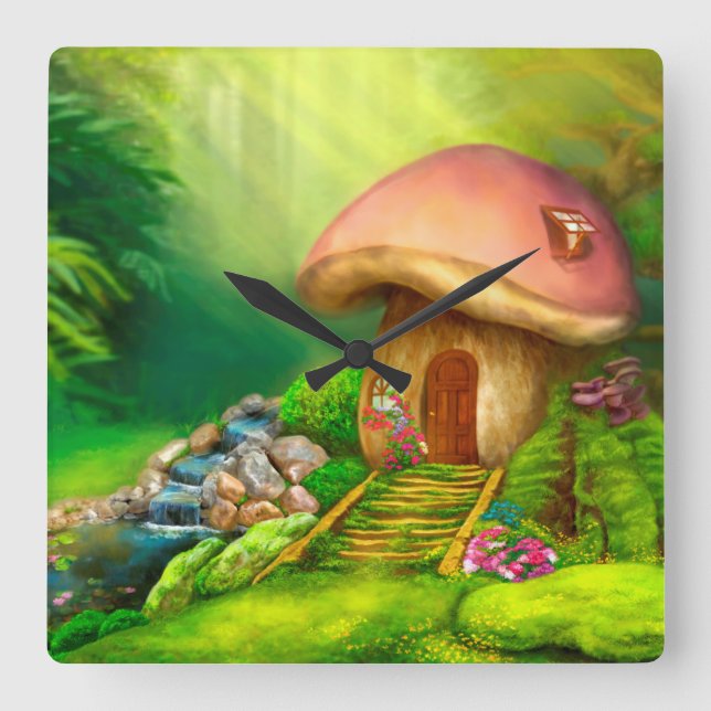 Fantasy-Pilz-Hütte Quadratische Wanduhr (Vorderseite)