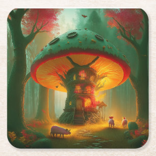 Fantasy-Pilzbaumhaus mit Schweinen Rechteckiger Pappuntersetzer