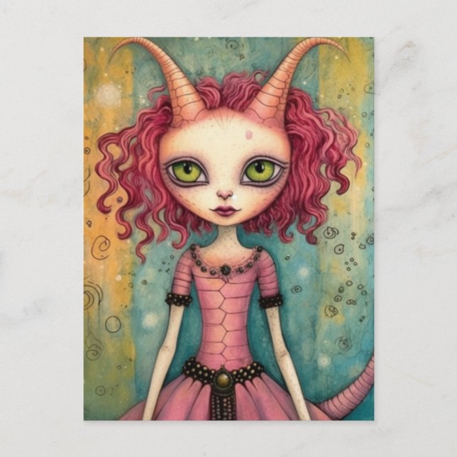 Fantasy Pink Cat Alien Woman Mixed Media Postkarte (Vorderseite)