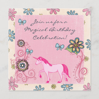 Fantasy Pink Einhorn und Blume Geburtstag Einladun Einladung