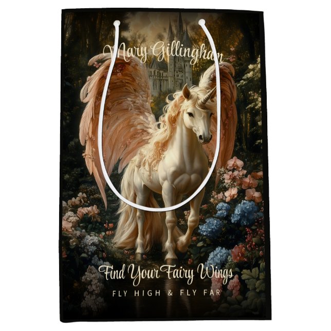 Fantasy Pink Fairy Forest Unicorn Woodland Magie Mittlere Geschenktüte (Vorderseite)