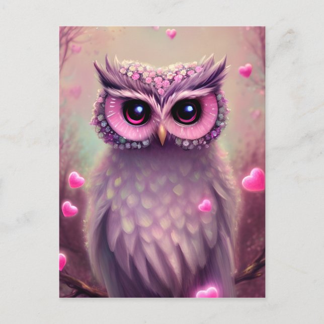 Fantasy Pink Fluffy Kawaii Owl Postkarte (Vorderseite)