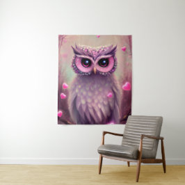 Fantasy Pink Fluffy Kawaii Owl Wandteppich