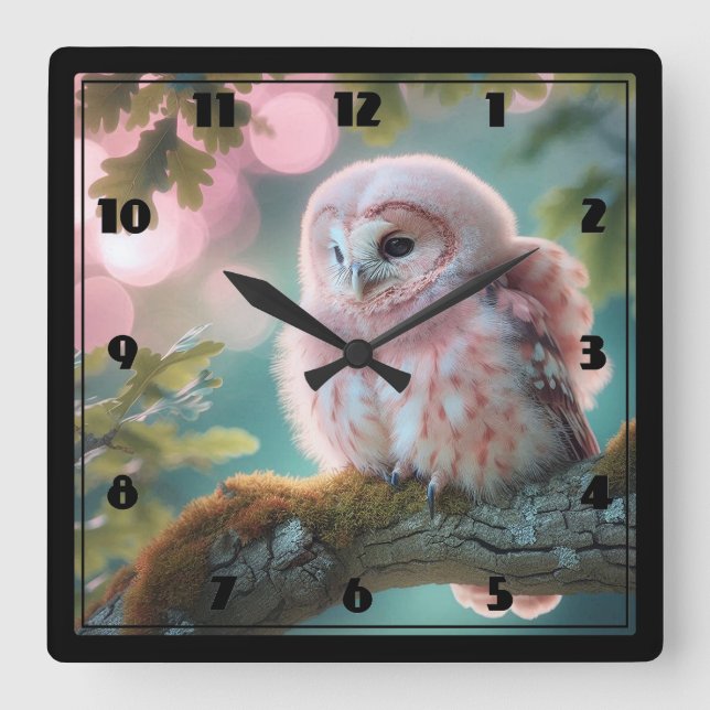 Fantasy Pink Owl Quadratische Wanduhr (Vorderseite)