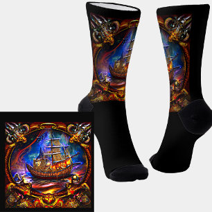Fantasy Pirate Ship Under Attack through Porthole Socken