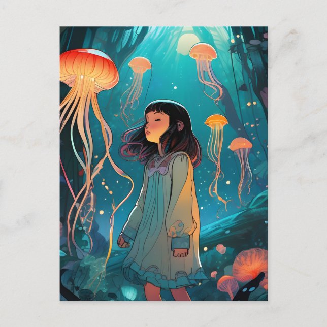 Fantasy Quellyfish Forest Girl Postkarte (Vorderseite)