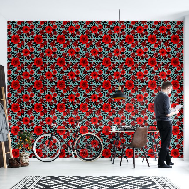 Fantasy Red and Blue Dschungel Floral Tapete (Wohnbereich)