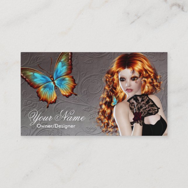 Fantasy Redhead Butterfly Frauenkarte Visitenkarte (Vorderseite)