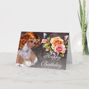 Fantasy Redhead mit Rose Geburtstagkarte 2 Karte