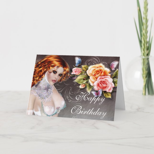 Fantasy Redhead mit Rose Geburtstagskarte Karte (Vorderseite)